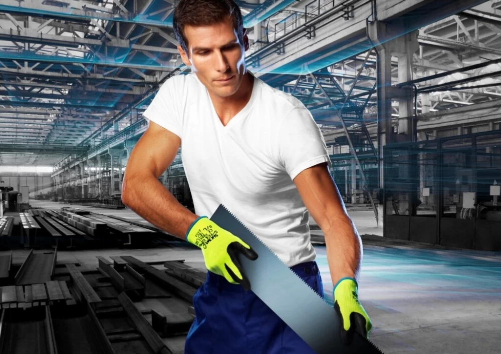 Showa S-TEX 300 Schnittschutzhandschuhe Aus Polyester Mit Beschichtung Latex (10 Paare In Paket), Fluoreszierendes Gelb-Schwarz 6 Showa S-TEX 300 Schnittschutzhandschuhe Aus Polyester Mit Beschichtung Latex (10 Paare In Paket), Fluoreszierendes Gelb-Schwarz – Bild 4