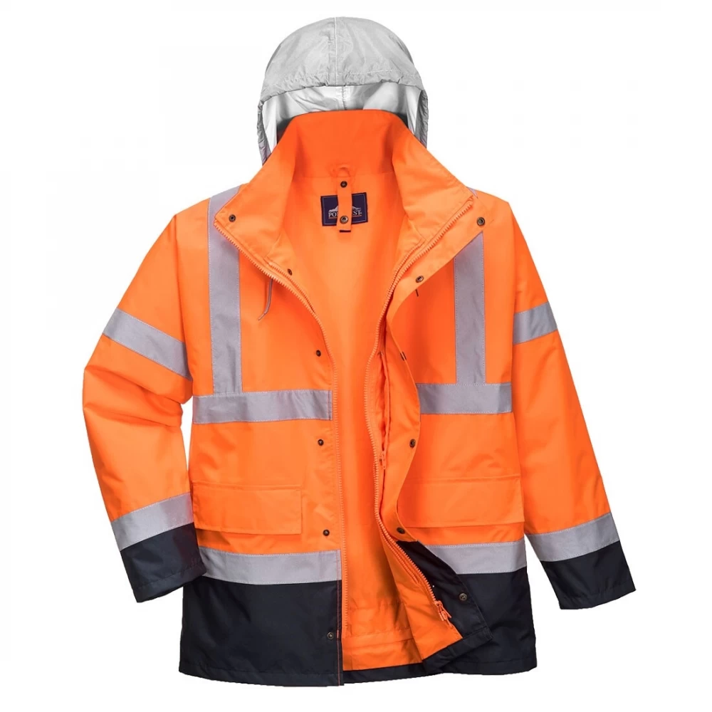 Portwest S471 - Warnschutz 4-in-1 Parka Jacke Aus Polyester Mit Reflexstreifen Und Verstaubarer Kapuze, Wasserdicht, Orange-Marine 4 Portwest S471 - Warnschutz 4-in-1 Parka Jacke Aus Polyester Mit Reflexstreifen Und Verstaubarer Kapuze, Wasserdicht, Orange-Marine – Bild 2