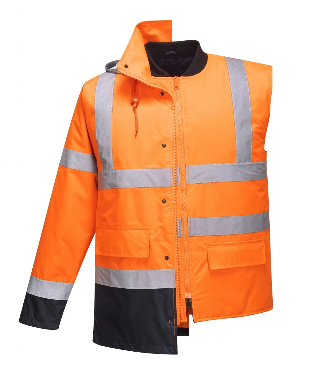 Portwest S471 - Warnschutz 4-in-1 Parka Jacke Aus Polyester Mit Reflexstreifen Und Verstaubarer Kapuze, Wasserdicht, Orange-Marine 5 Portwest S471 - Warnschutz 4-in-1 Parka Jacke Aus Polyester Mit Reflexstreifen Und Verstaubarer Kapuze, Wasserdicht, Orange-Marine – Bild 3