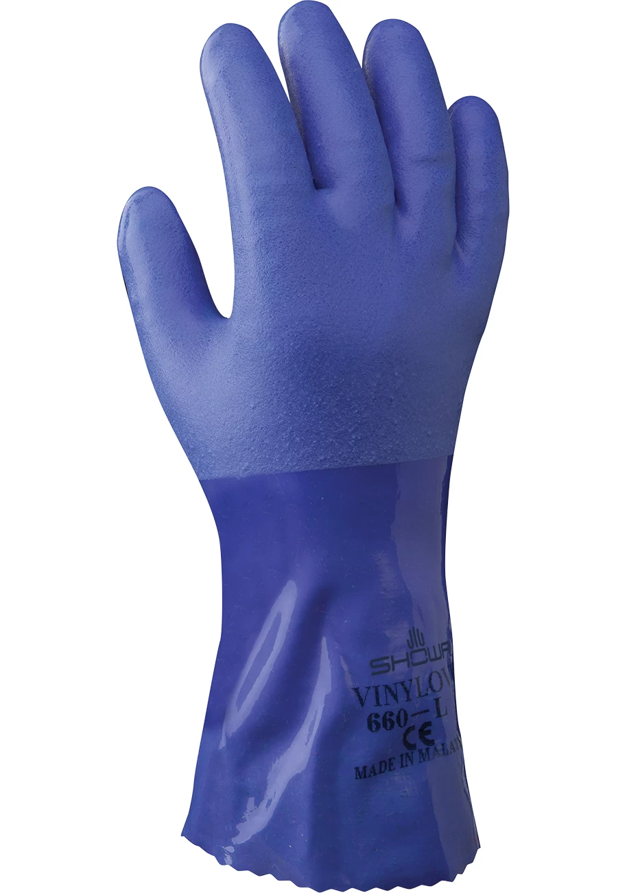 SHOWA 660 Chemikalienbeständige Schutzhandschuhe Mit PVC Beschichtung (10 Paare In Paket), Blau 3 SHOWA 660 Chemikalienbeständige Schutzhandschuhe Mit PVC Beschichtung (10 Paare In Paket), Blau