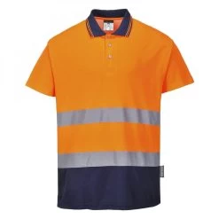 Portwest S174 - Zweifarbiges Baumwoll-Komfort Warnschutz Polo-Shirt, Reflektierend, Atmungsaktiv, Orange-Marine