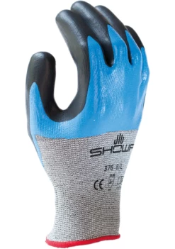 Showa S-TEX 376 Schnittschutzhandschuhe Mit Beschichtung Aus Nitril Und Nitrilschaum, Schnittschutz Klasse D (10 Paare In Paket), Grau-blau