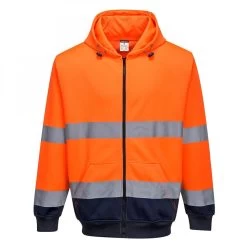 Portwest B317 - Zweifarbiges Warnschutz-Sweatshirt Mit Reißverschluss, Kapuze Und Reflexstreifen, Orange-Marine