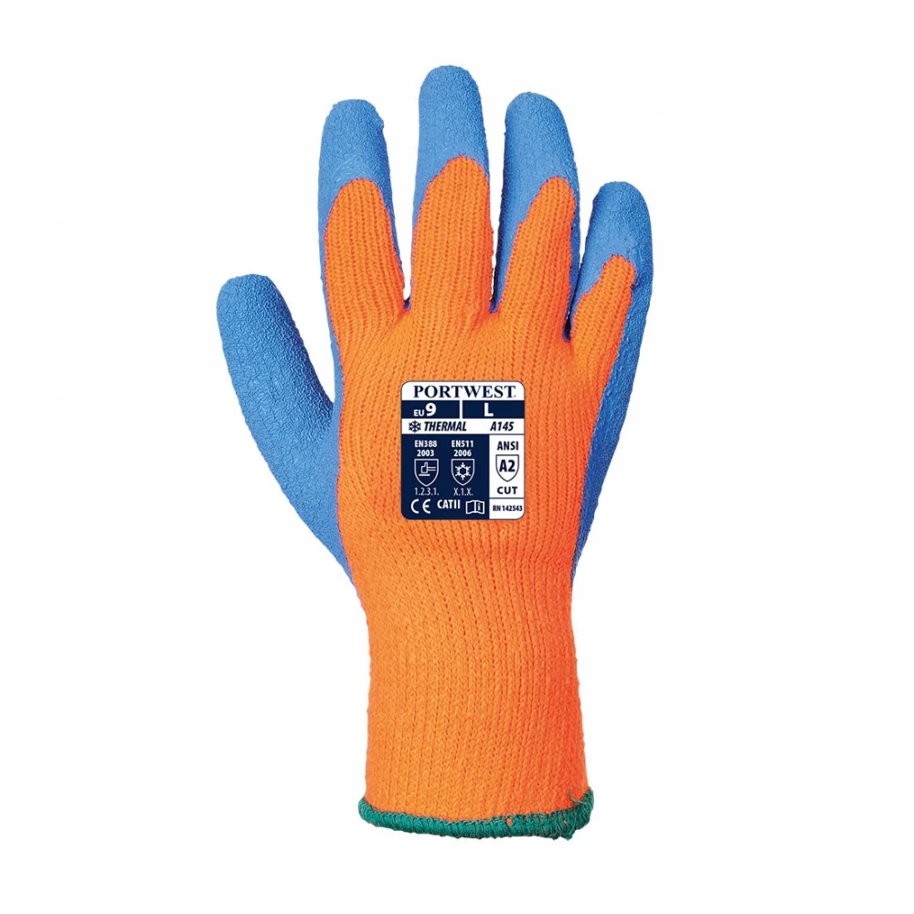 Portwest A145 - Cold Grip Schutzhandschuhe Aus Acryl Boucle Mit Beschichtung Aus Latex, Atmungsaktiv, Kältebeständig (12 Paare In Paket), Orange-Blau 4 Portwest A145 - Cold Grip Schutzhandschuhe Aus Acryl Boucle Mit Beschichtung Aus Latex, Atmungsaktiv, Kältebeständig (12 Paare In Paket), Orange-Blau – Bild 2