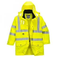Portwest S427 - Warnschutz 7-in-1 Parka Jacke Aus Polyester Mit Reflexstreifen, Atmungsaktiv, Wasserdicht, Kältebeständig, Gelb