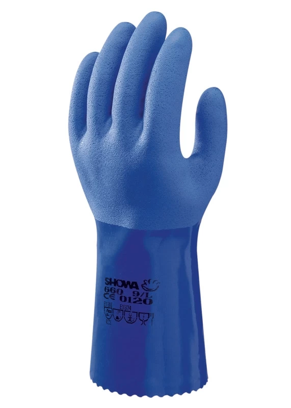 SHOWA 660 Chemikalienbeständige Schutzhandschuhe Mit PVC Beschichtung (10 Paare In Paket), Blau 4 SHOWA 660 Chemikalienbeständige Schutzhandschuhe Mit PVC Beschichtung (10 Paare In Paket), Blau – Bild 2