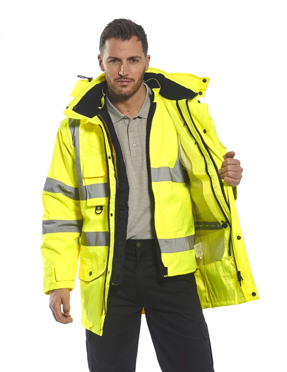 Portwest S427 - Warnschutz 7-in-1 Parka Jacke Aus Polyester Mit Reflexstreifen, Atmungsaktiv, Wasserdicht, Kältebeständig, Gelb 12 Portwest S427 - Warnschutz 7-in-1 Parka Jacke Aus Polyester Mit Reflexstreifen, Atmungsaktiv, Wasserdicht, Kältebeständig, Gelb – Bild 10