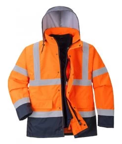 Portwest S471 - Warnschutz 4-in-1 Parka Jacke Aus Polyester Mit Reflexstreifen Und Verstaubarer Kapuze, Wasserdicht, Orange-Marine
